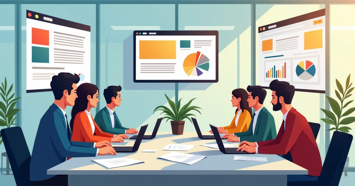 Equipe em sala de reunião planejando redesign de site em 2026 com gráficos e telas na mesa. 