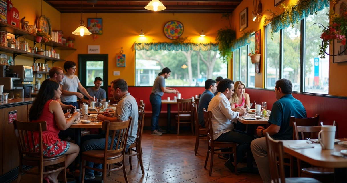 Restaurante brasileiro em Orlando com clientes e decoração temática 