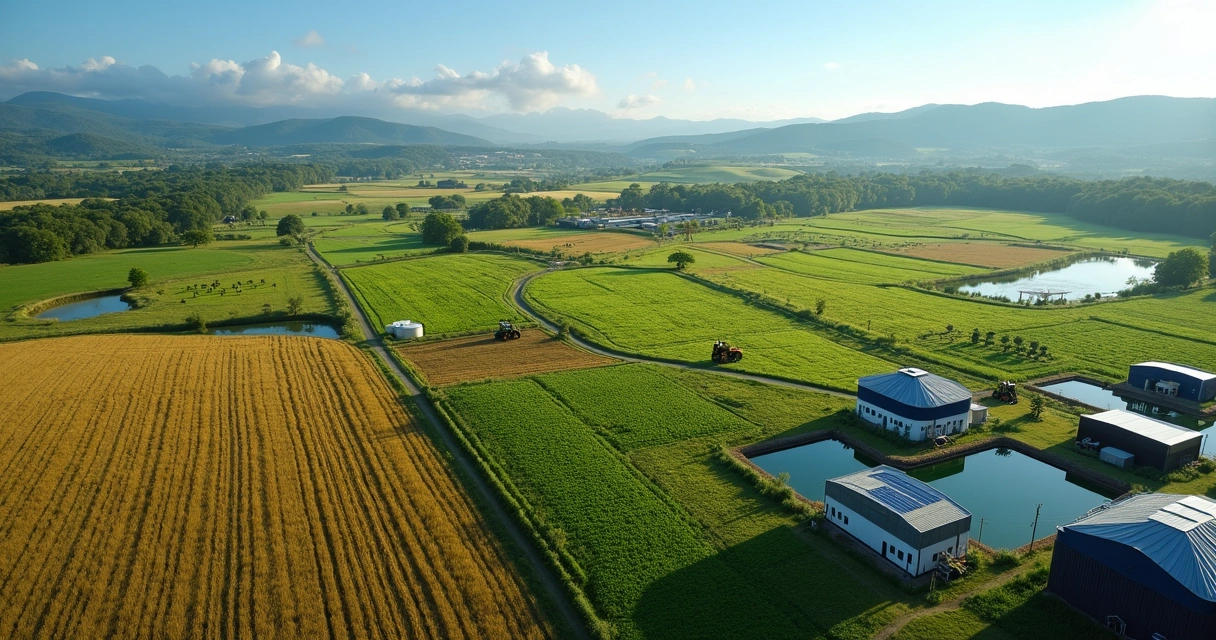 Fazenda sustentável com painéis solares e pasto integrado 