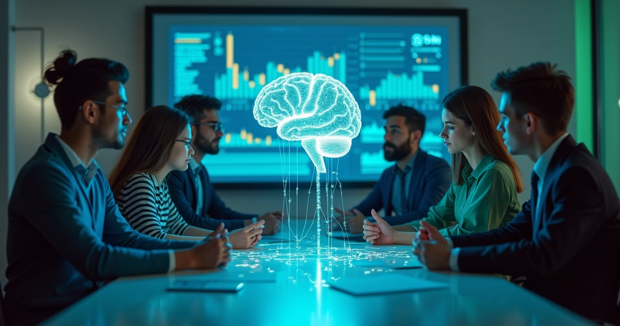 Equipes pequenas reunidas em torno de mesa analisando gráficos digitais ao lado de holograma de cérebro 