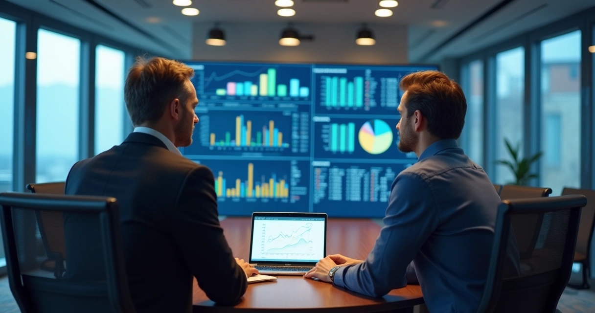 Reunião empresarial mostrando oportunidades de upsell e cross-sell, cliente e gestor analisando gráficos 