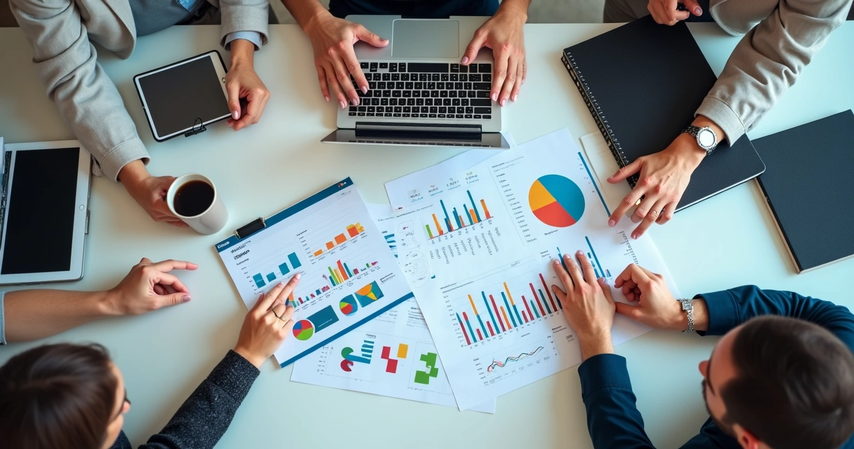 Mesa de escritório com tabelas de vendas, gráficos coloridos e laptops mostrando indicadores 