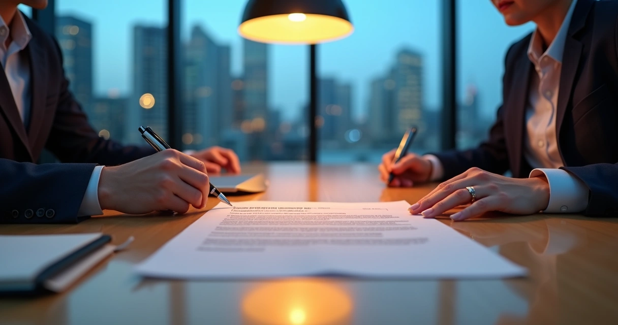 Duas pessoas selando acordo de confidencialidade em ambiente corporativo moderno 