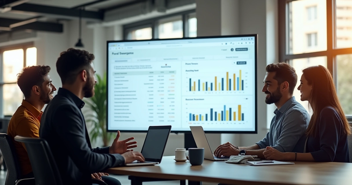 Equipe usando plataforma de finanças em espaço de coworking