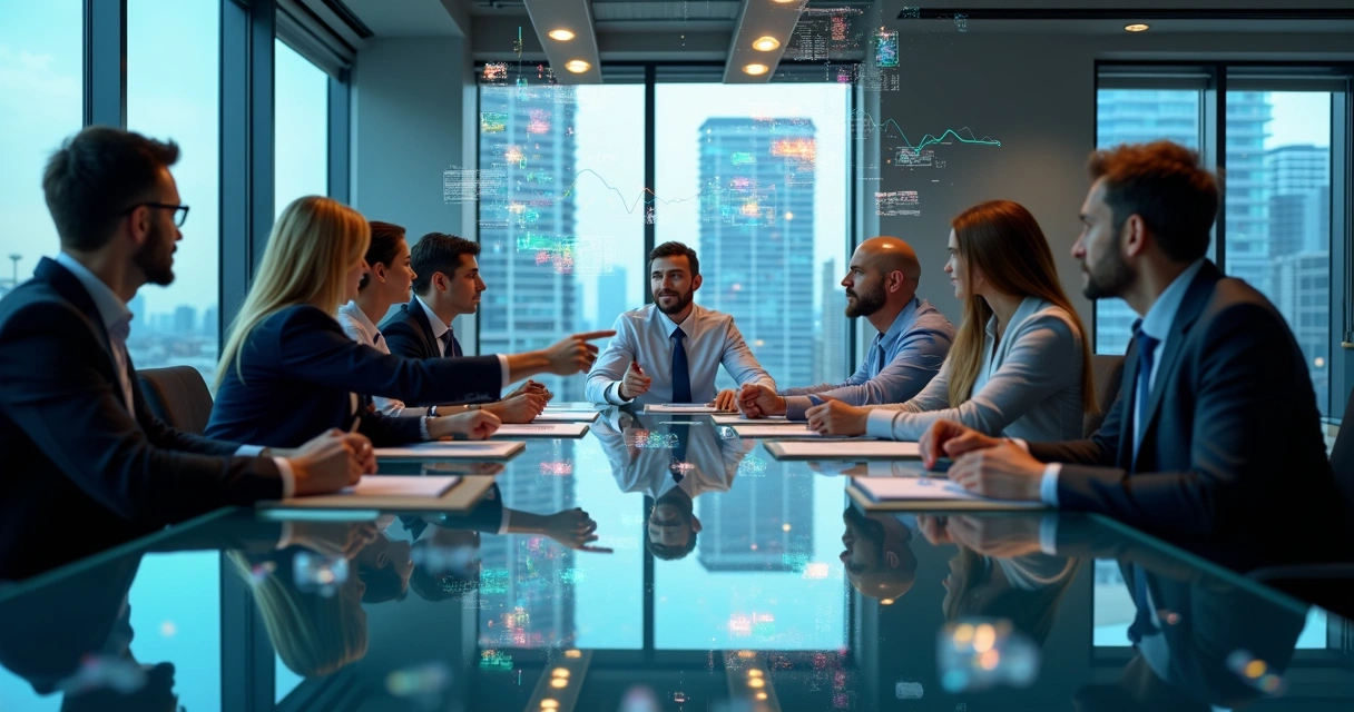 Executivos em reunião analisando gráficos digitais e dados de inteligência artificial para impulsionar negócios B2B 