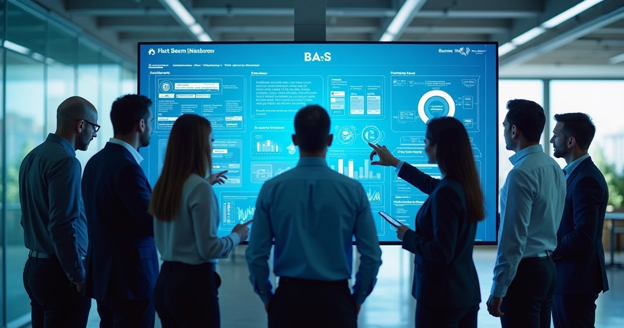 Reunião de negócios analisando plataforma BaaS em tela grande