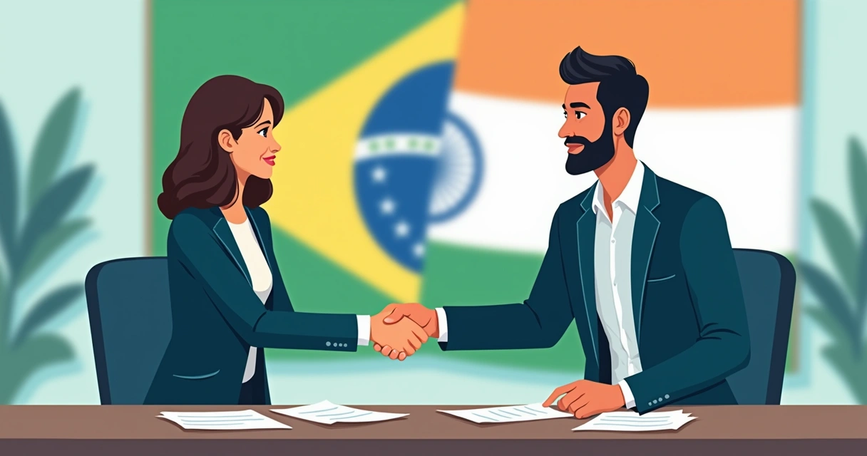 Executiva brasileira cumprimenta empresário indiano em mesa de negociações, cenário corporativo colorido 