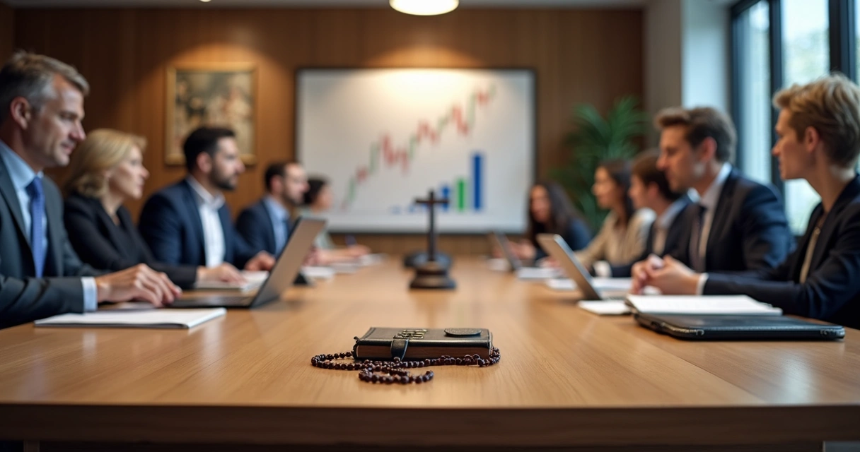 Reunião de empresários com símbolos cristãos sobre a mesa 