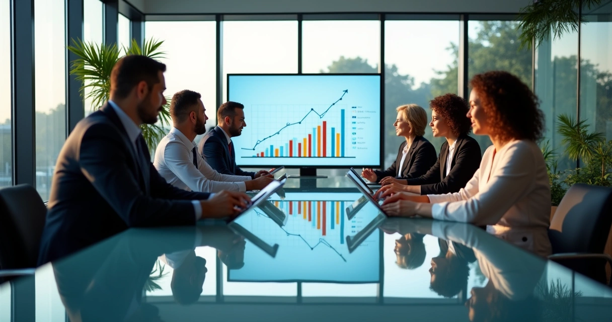 Gráfico de barras subindo com pessoas analisando dados em reuniões 