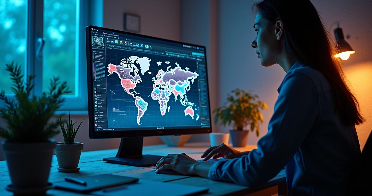 Tela de computador mostrando gráficos coloridos e dados integrados, com uma pessoa analisando informações em ambiente de escritório moderno e iluminado 