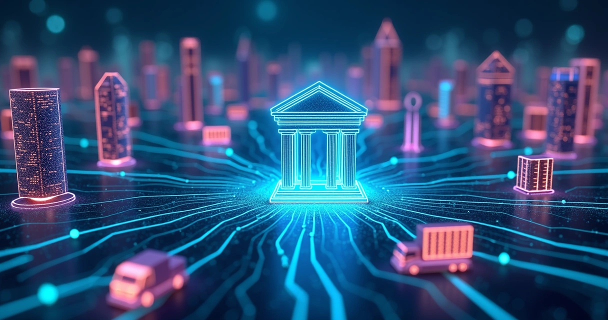 Ilustração de empresas conectadas por BaaS em um ecossistema digital 