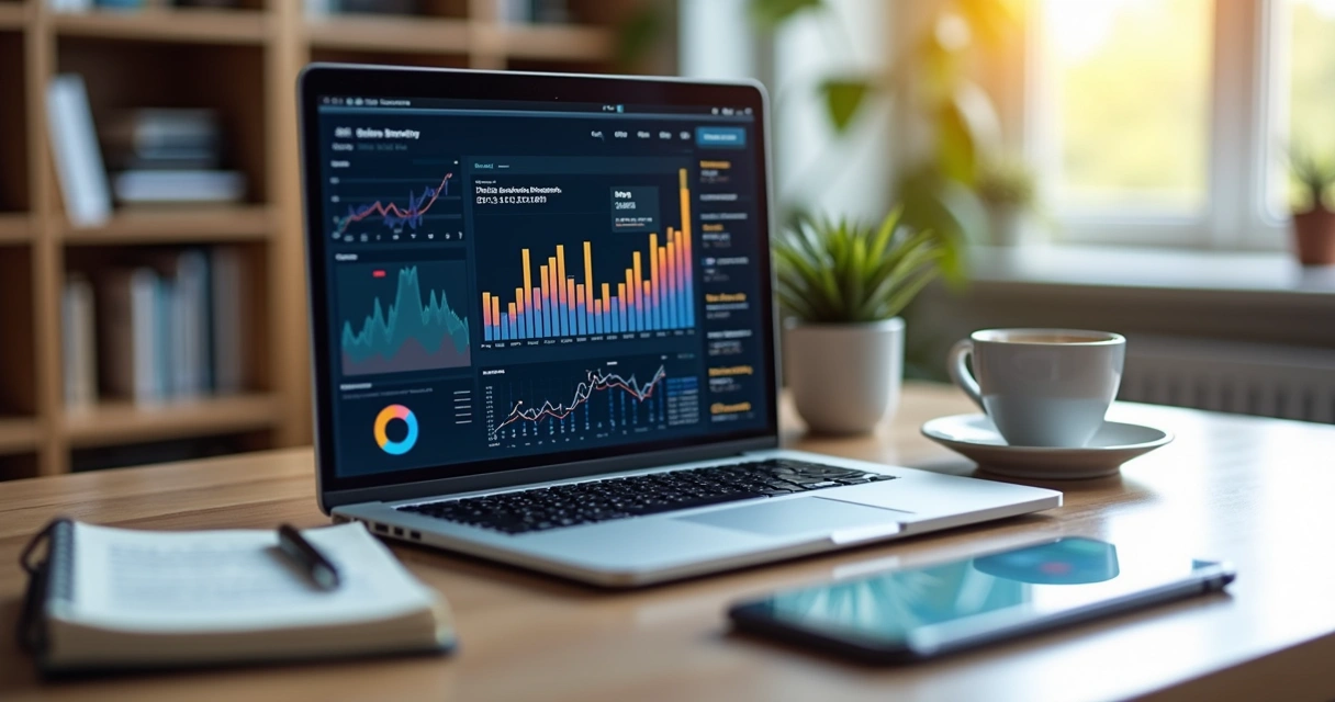 Computador moderno em mesa de escritório com gráficos e anotações sobre negócios digitais 