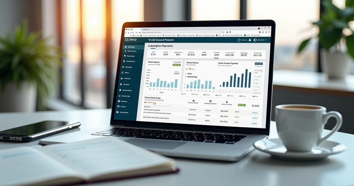 Mesa de trabalho com notebook aberto exibindo dashboard de pagamentos recorrentes, celular com app de gerenciamento financeiro, café ao lado e agenda organizada em ambiente de escritório moderno e iluminado 