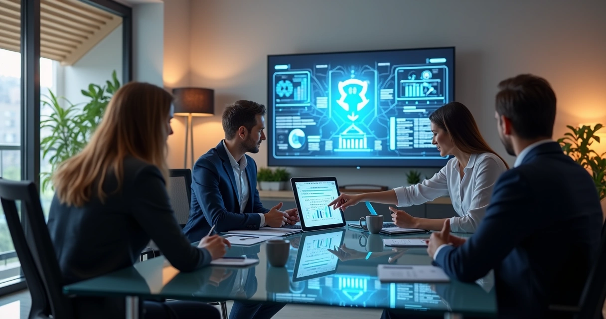 Executivos discutindo estratégias para implementação de BaaS em sala de reunião moderna 