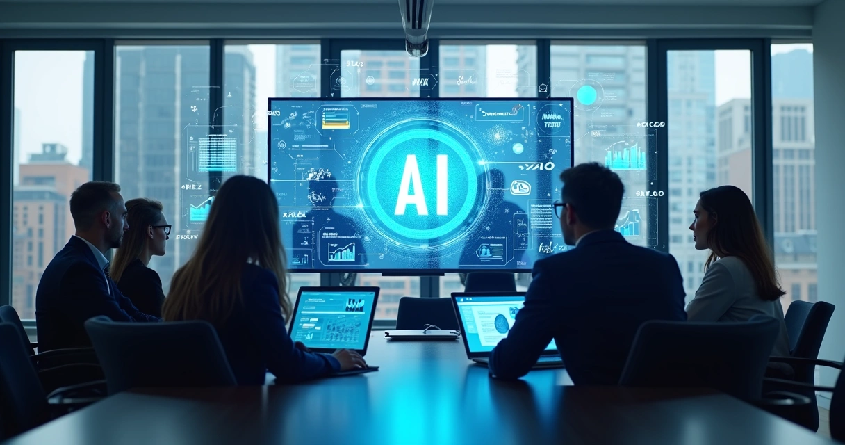 Empresários locais usando inteligência artificial para otimizar processos B2B em ambiente corporativo moderno 