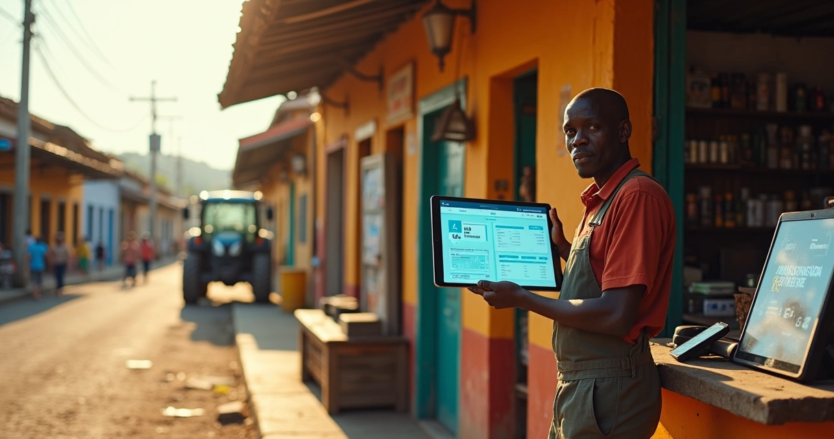 Comerciante do interior usando tablet para gerenciar soluções financeiras digitais na fachada de sua loja 