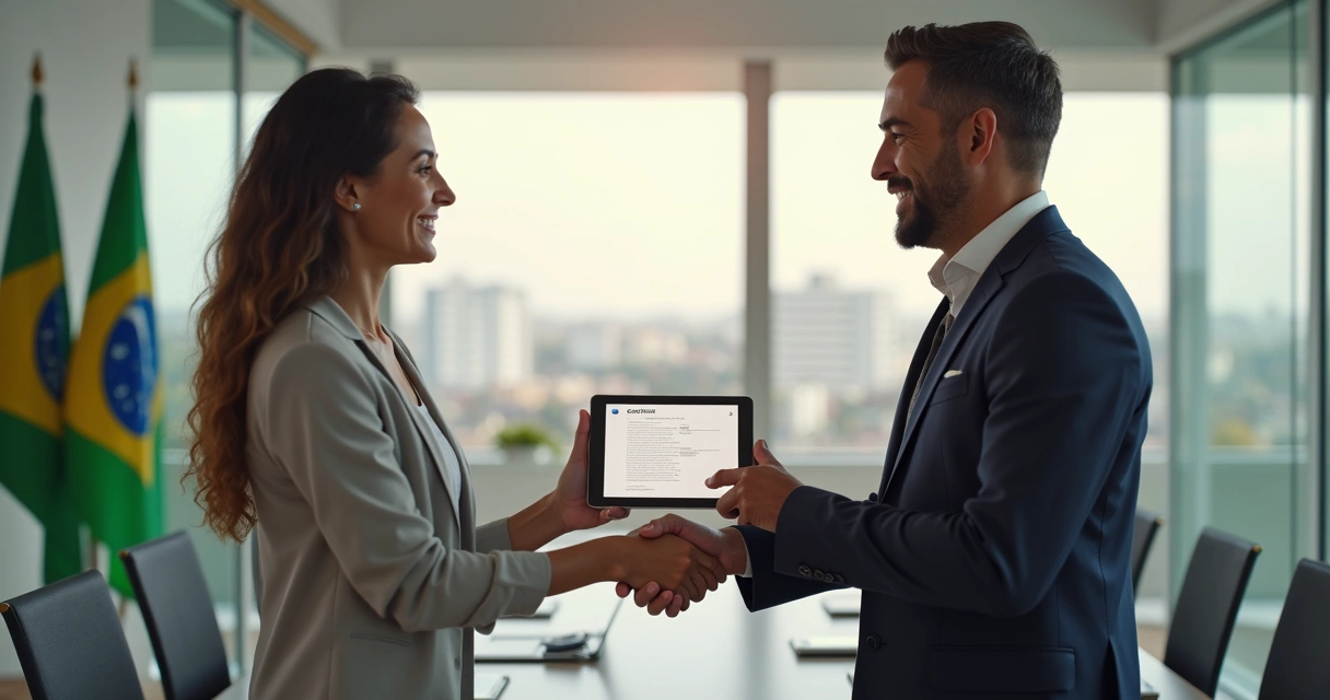 Pequena empresa assinando contrato digital com representante do governo