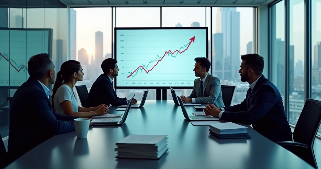 Gráfico subindo em escritório com pessoas planejando expansão 