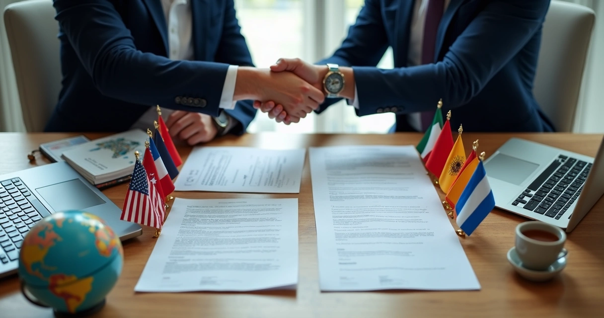 Assinatura eletrônica em contrato internacional com bandeiras de vários países 