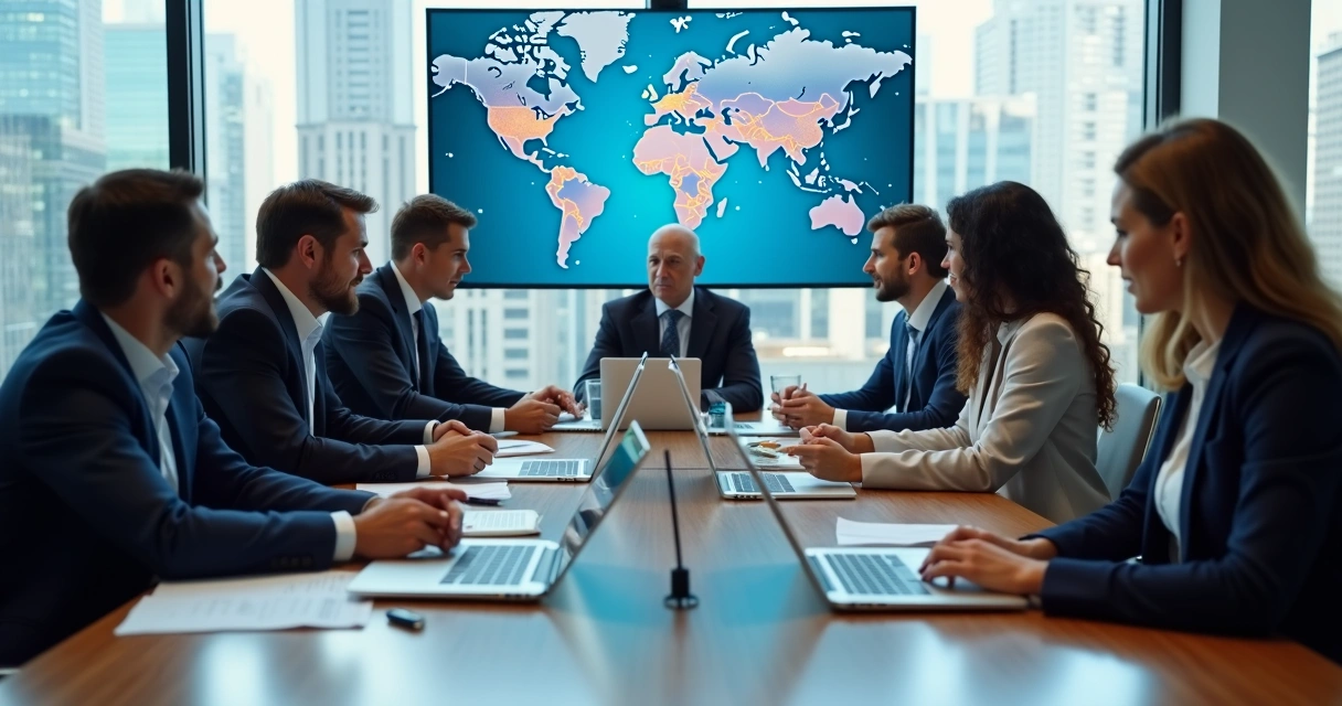 Reunião formal entre empresários decidindo estratégias internacionais 