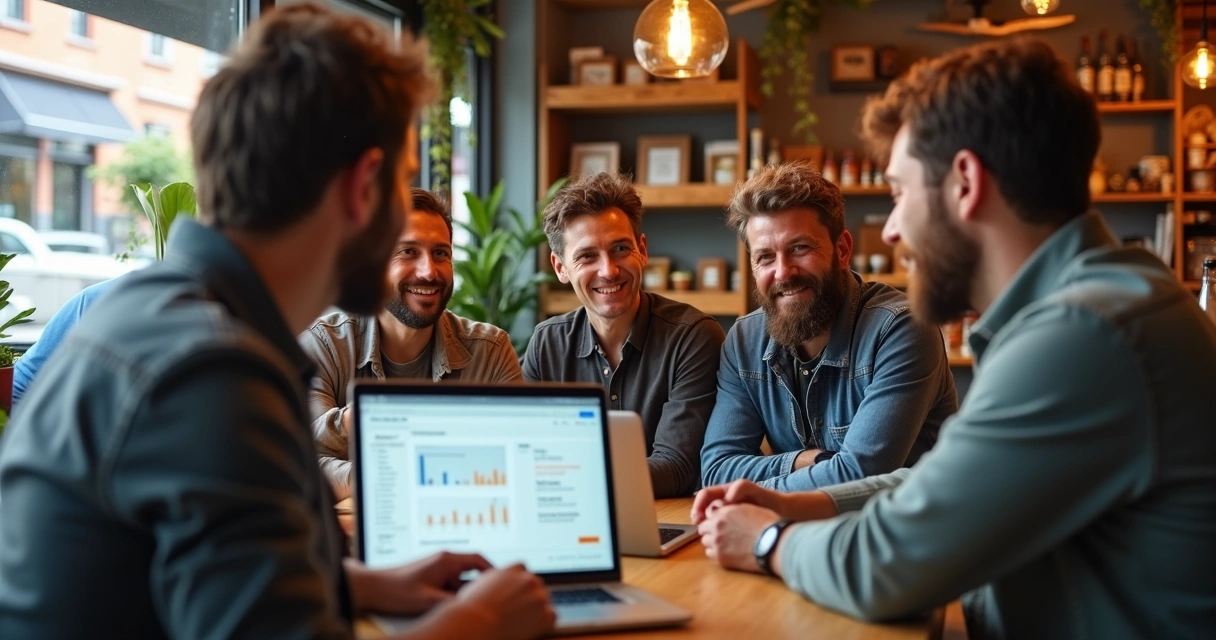 Pessoas em uma loja local conversando, computador na mesa com tela do Google Ads aberta, ambiente descontraído. 