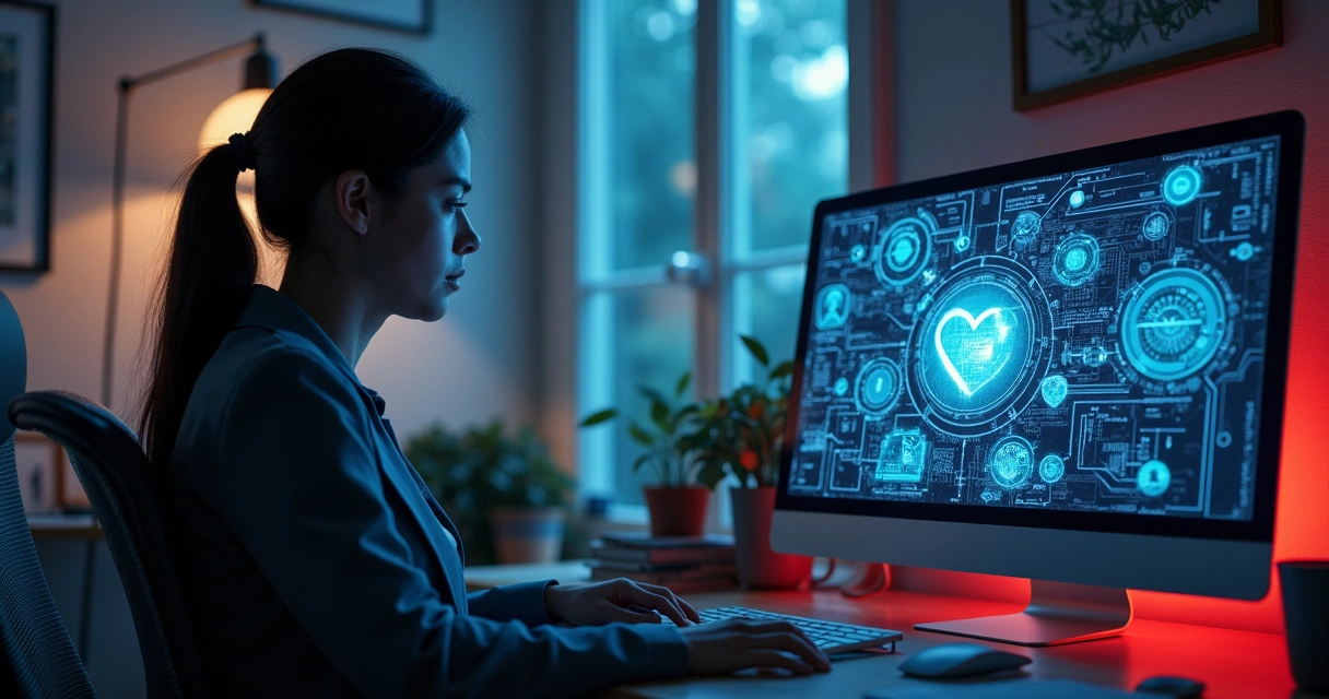 Pequeno empresário em escritório moderno usando computador com gráficos de dados na tela e ícones de automação e inteligência artificial ao redor 