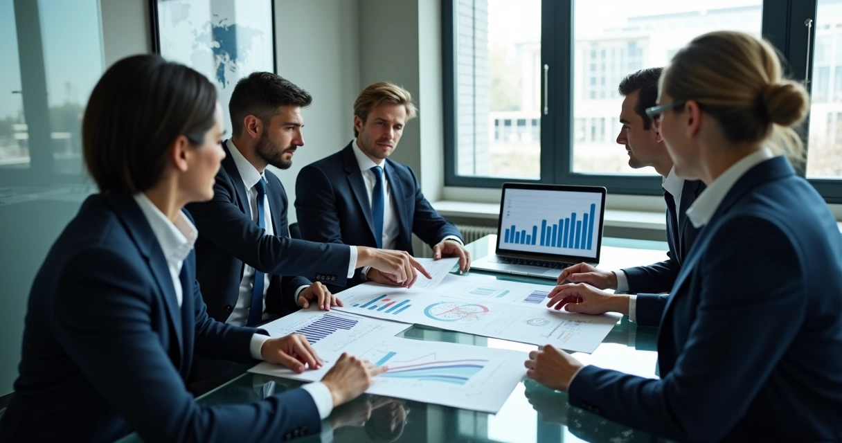 Grupo em reunião empresarial analisando gráficos, todos atentos à decisão 