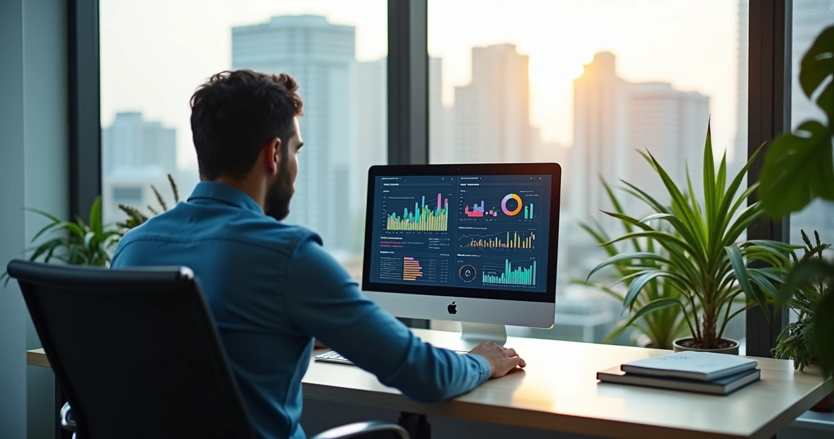 Empresário em São José dos Campos em frente ao notebook analisando gráficos digitais 