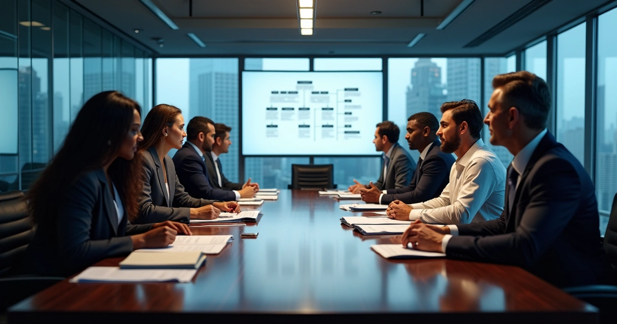Reunião de negócios ilustrando estrutura organizacional de sociedade anônima 