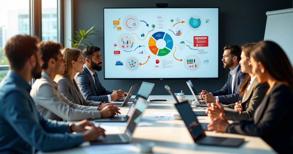 Equipe de PME reunida em frente a computadores, discutindo gráficos de desempenho, tecnologia e estratégia 