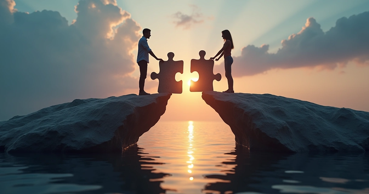 Two people building a glowing bridge between puzzle piece platforms 