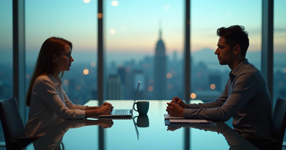 Two negotiators at a glass table with calm and tense reflections facing each other 