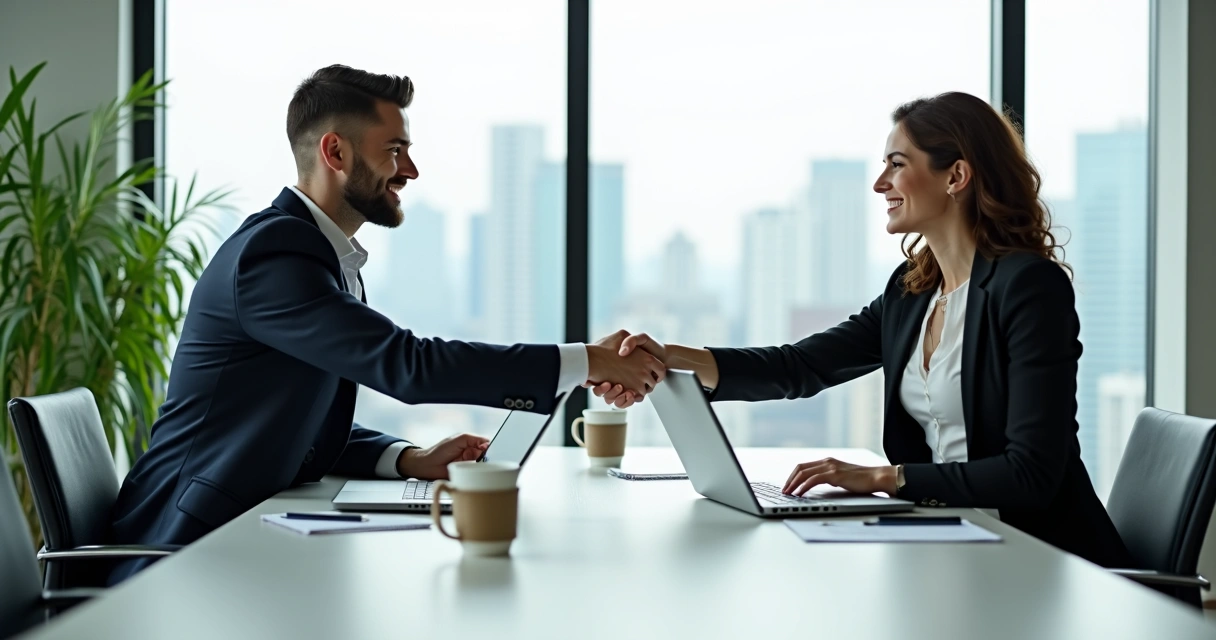 Business handshake across meeting table in modern office 