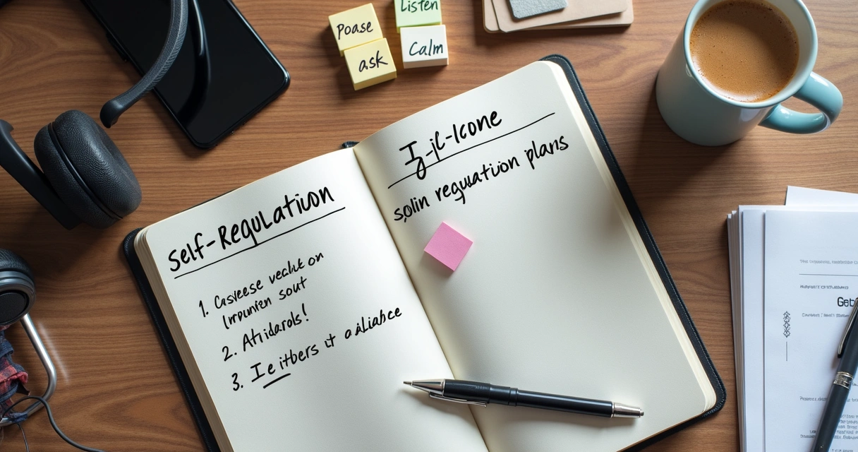 Notebook with self-regulation plan beside meeting materials