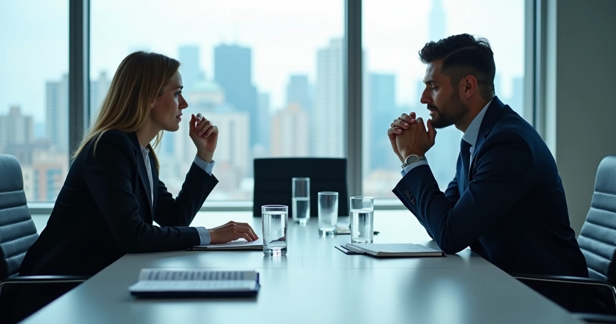 Two people in a negotiation room with notes and calm body language 