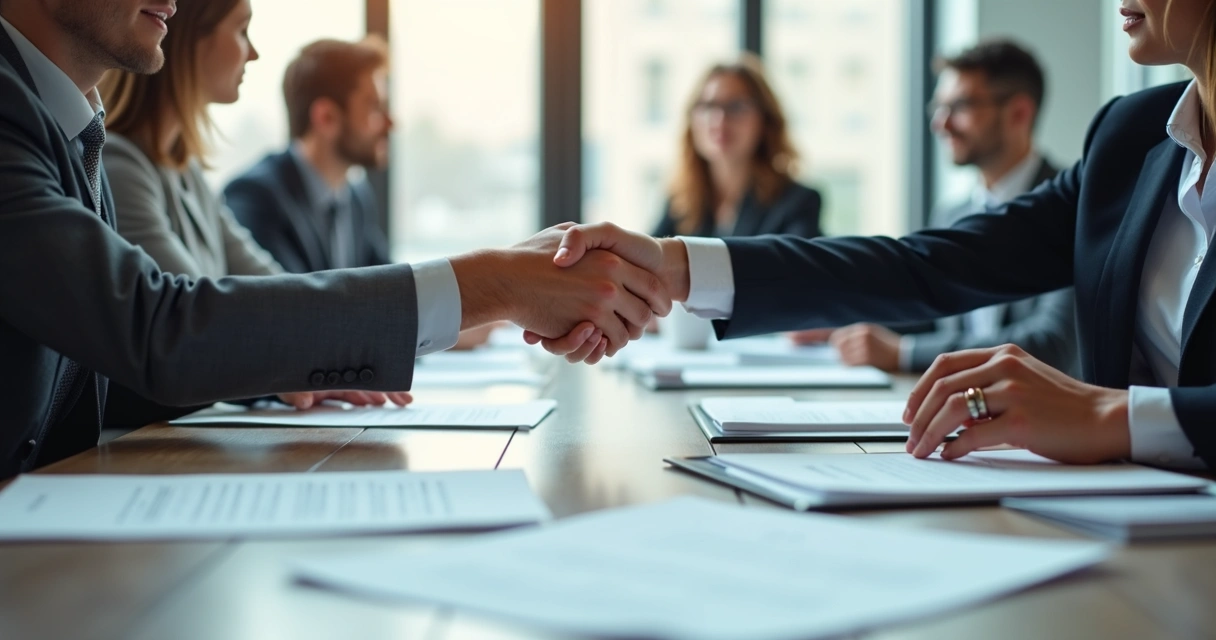 Business people negotiating at table with documents and hands visible. 