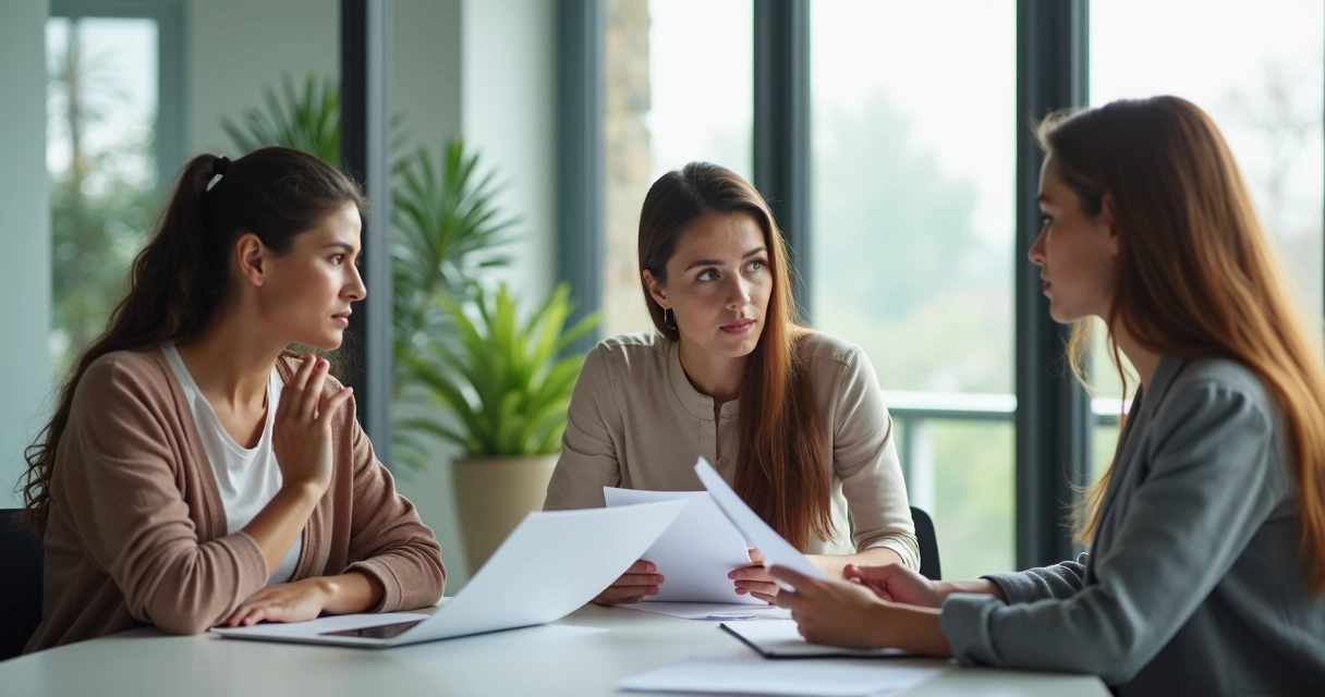 Team members discussing around a table while exchanging attentive looks