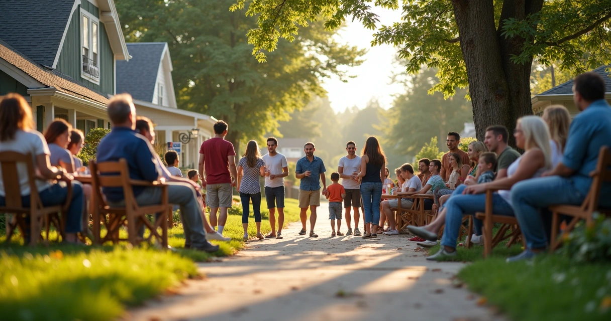 Neighbors gathered at a block party in a suburban neighborhood 