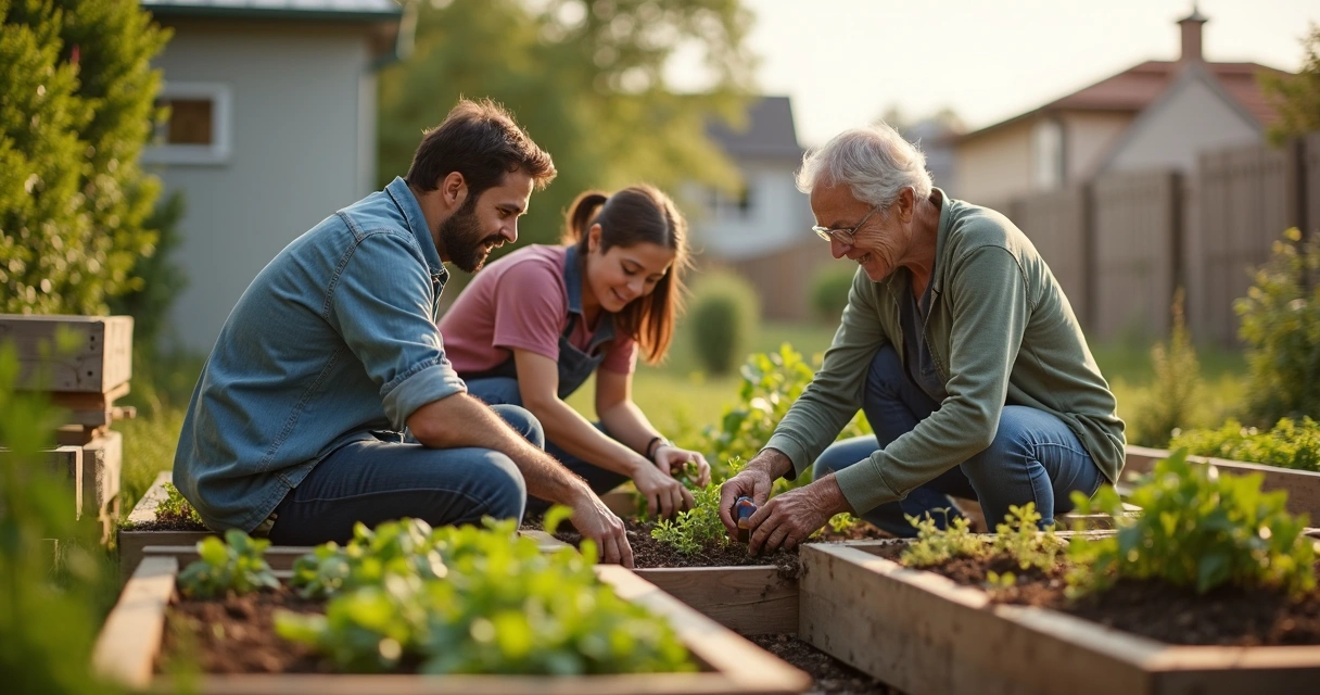 Neighbors working together in a community garden