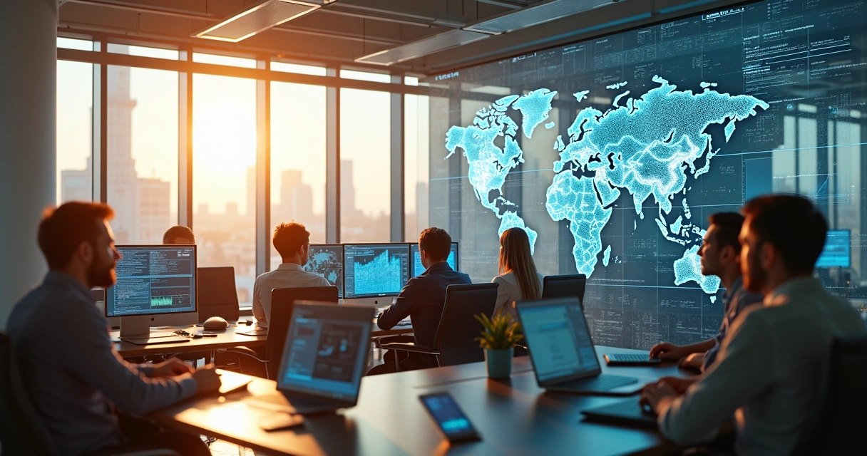 Tech workers from different backgrounds collaborating on screens and digital maps 