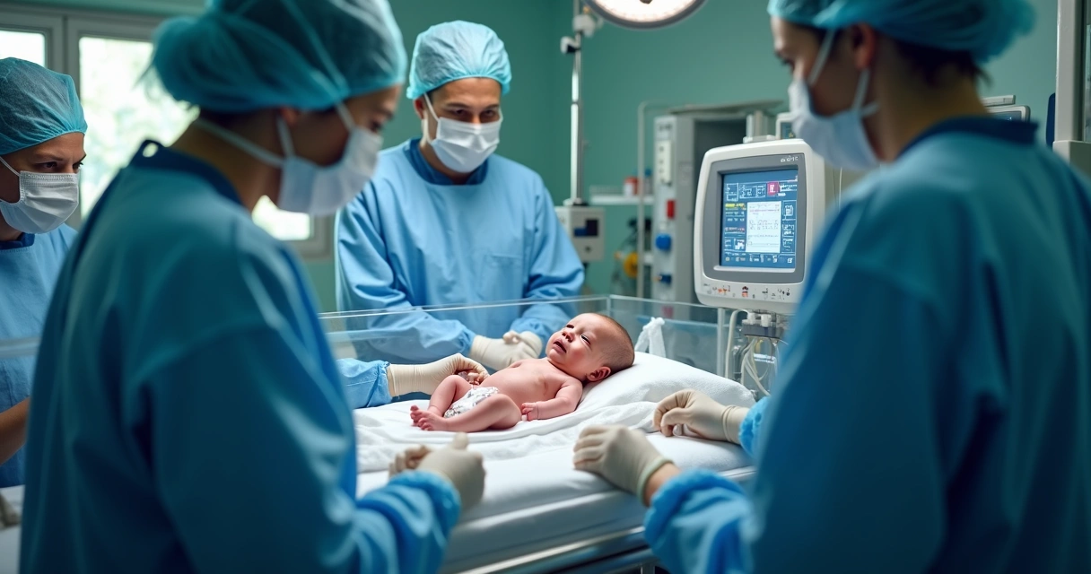 UTI neonatal com equipe médica ao redor de incubadora 