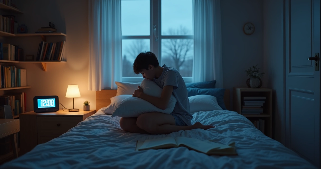 Estudante sentado na cama olhando para o relógio 
