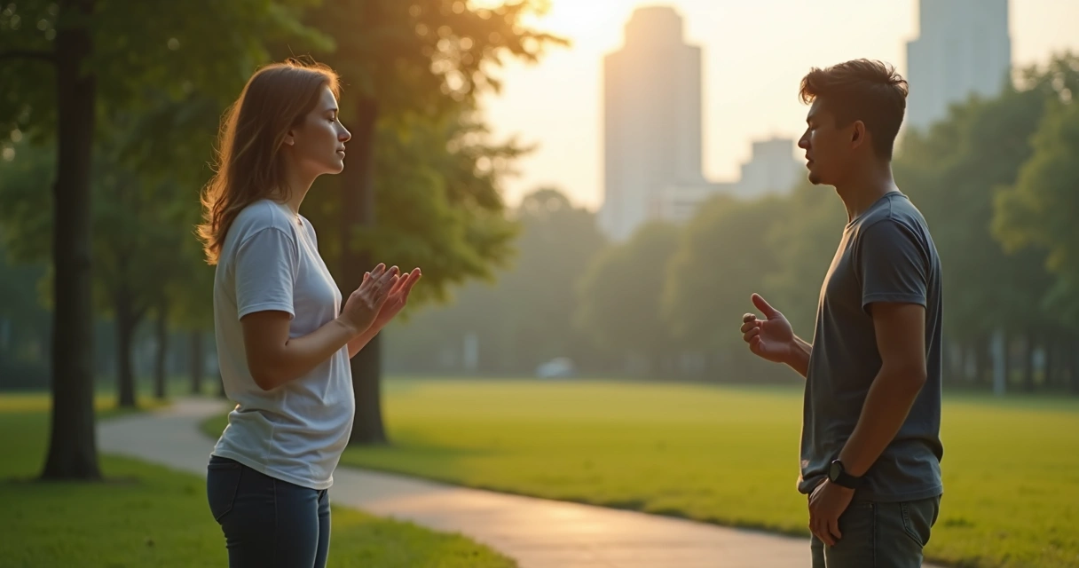 Person grounding themselves with hand on chest amid tense conversation in city park 