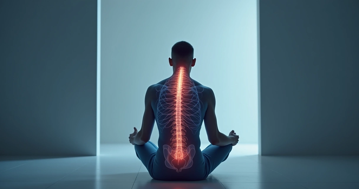 Person sitting, hands on knees, body tense, with an overlay showing highlighted nervous system connections in the body