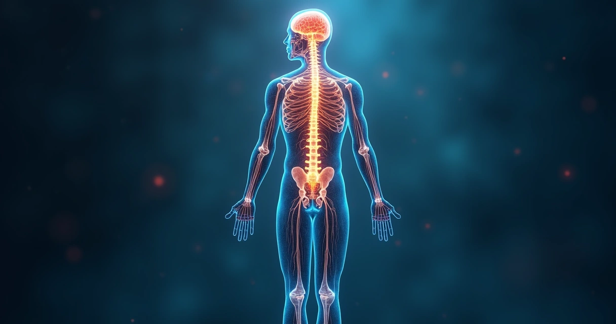 Human silhouette with highlighted nervous system and stressed brain glow 