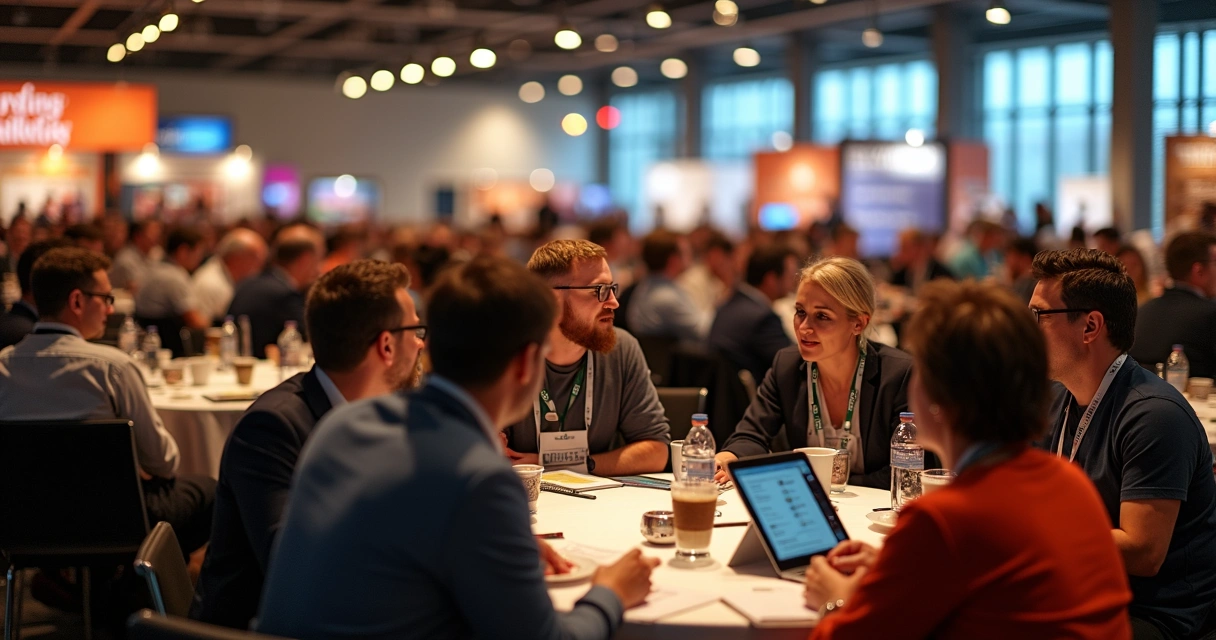 Profissionais de foodservice em evento trocando ideias em mesas redondas 