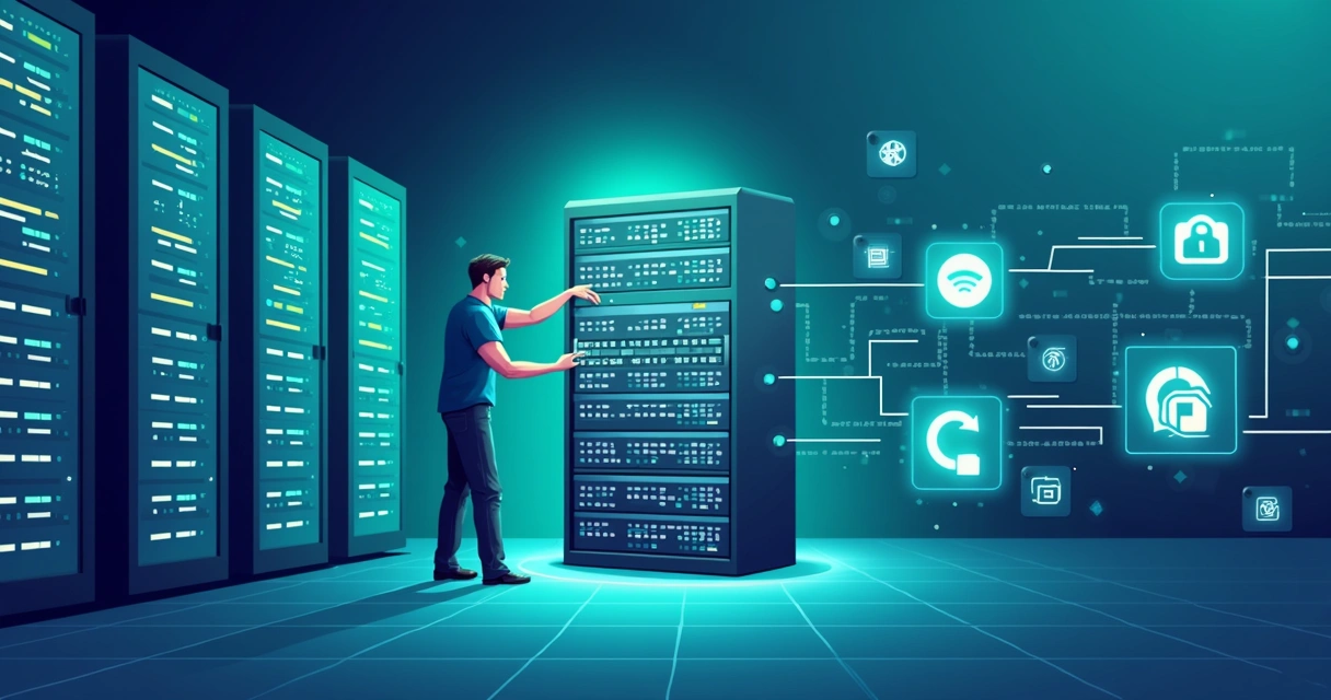 Data center with digital switches highlighted during failover simulation 