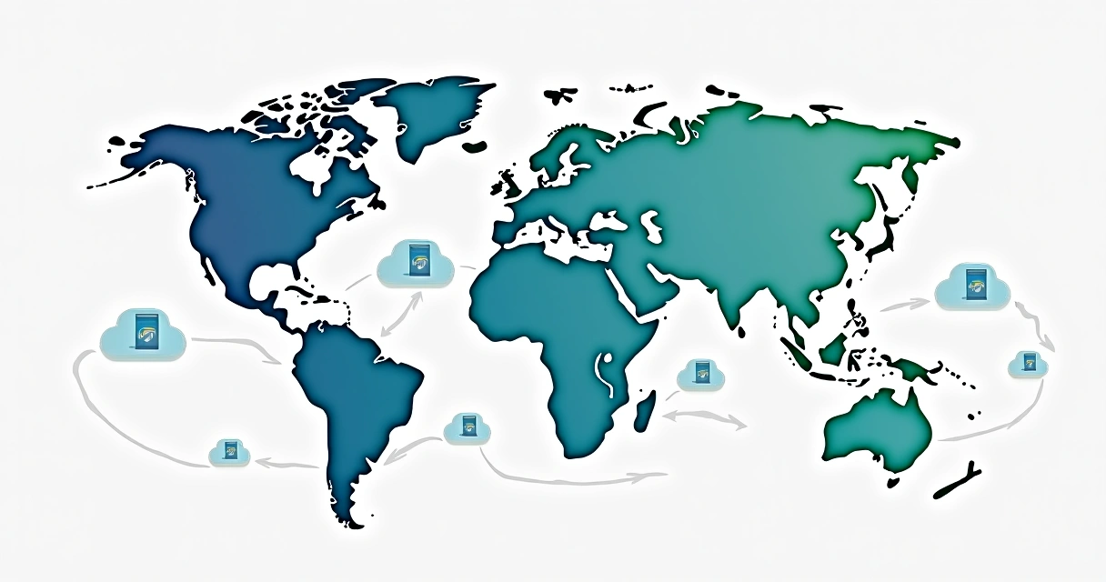 Illustration of global edge servers connected, with content being delivered from server nodes near users. 