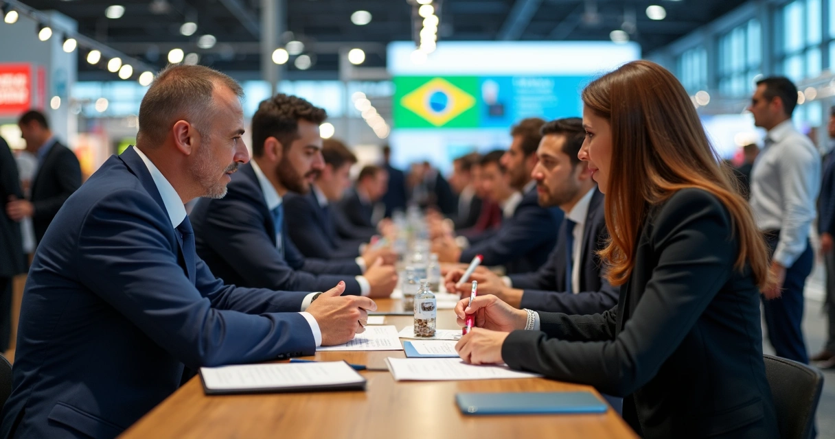 Empresários brasileiros negociando em feira internacional com representantes de grandes varejistas 