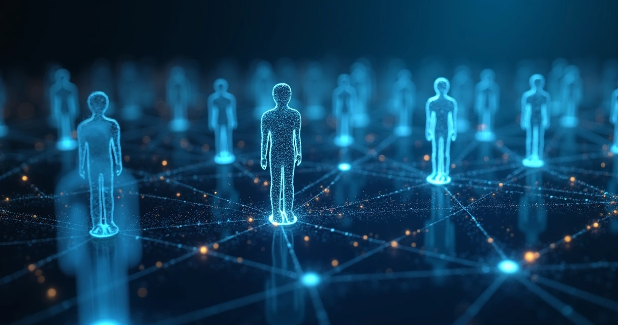 Abstract illustration of interconnected human figures with linking lines